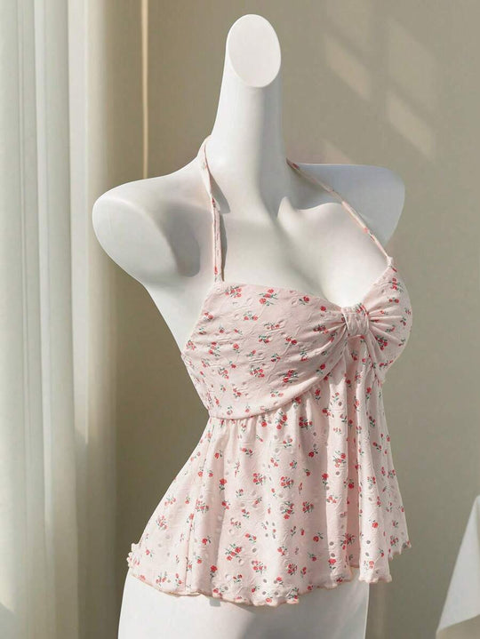 Damen romantisches Strandtop mit floralem Design und verspieltem Knoten EB