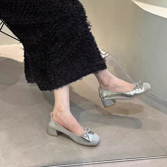 Damen elegante Ballerina-Schuhe mit glänzender Oberfläche und komfortablem Blockabsatz EB