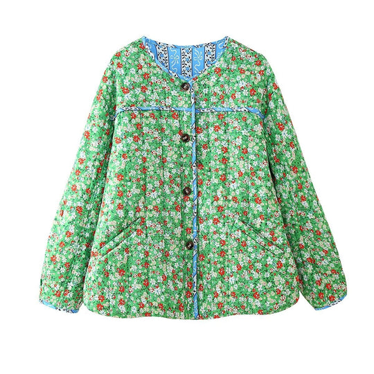 Damen gesteppte Blümchenjacke mit praktischen Taschen und elegantem Kragen EB