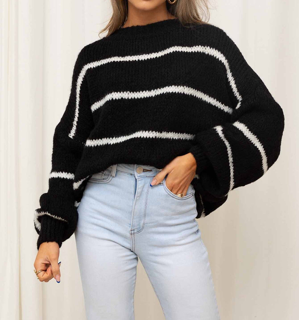 Damen grob gestrickter Pullover mit modernen Streifen und lässigem Schnitt EB