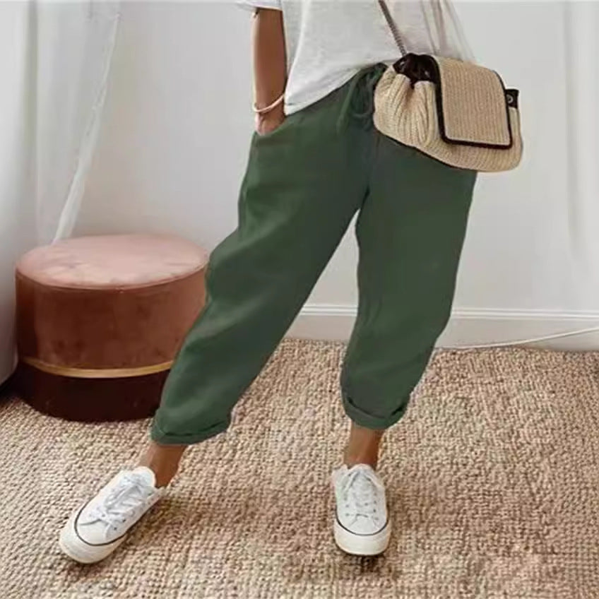 Damen nan legerer Leinen-Jogger mit Kordelzug, Eingrifftaschen und umgeschlagenem Saum EB