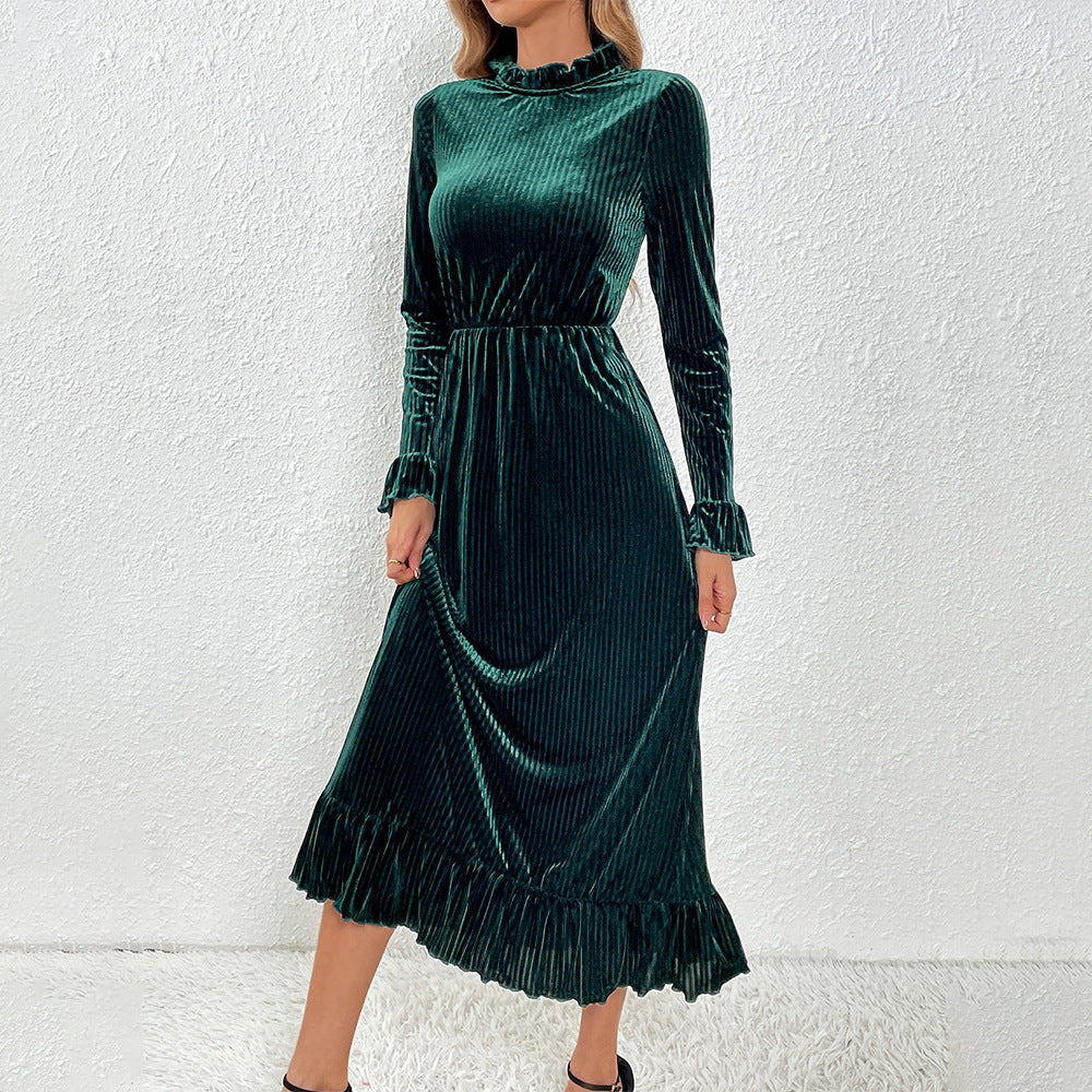 Damen Midikleid aus plissiertem Samt mit Stehkragen geraffter Taille und Volant-Saum Eichborn Berlin
