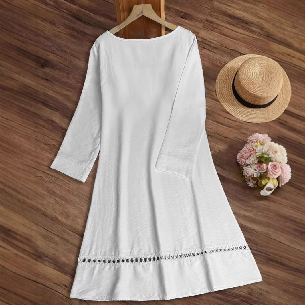 Damen lässiges Sommerkleid mit elegantem Häkelkragen und durchgehendem Schnitt EB