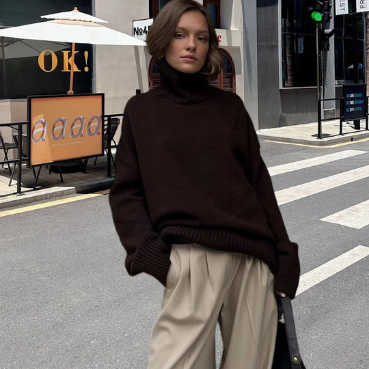 Damen Strickpullover mit hohem Kragen und weitem Schnitt EB