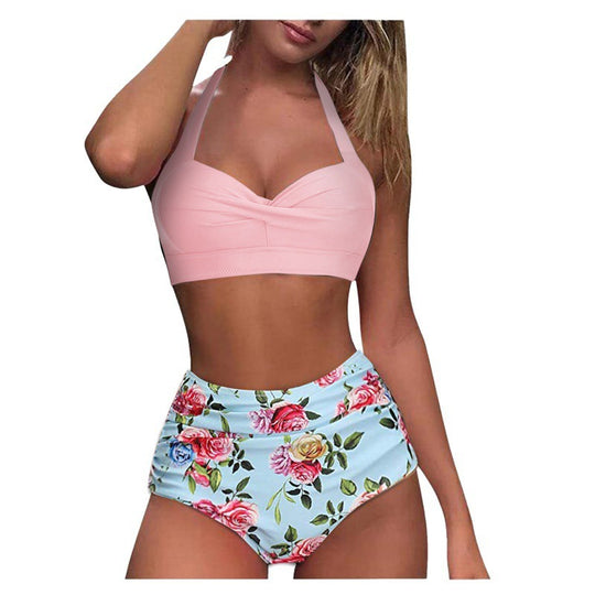 Damen Hochtaillierter Karobikini mit gerafftem Oberteil EB