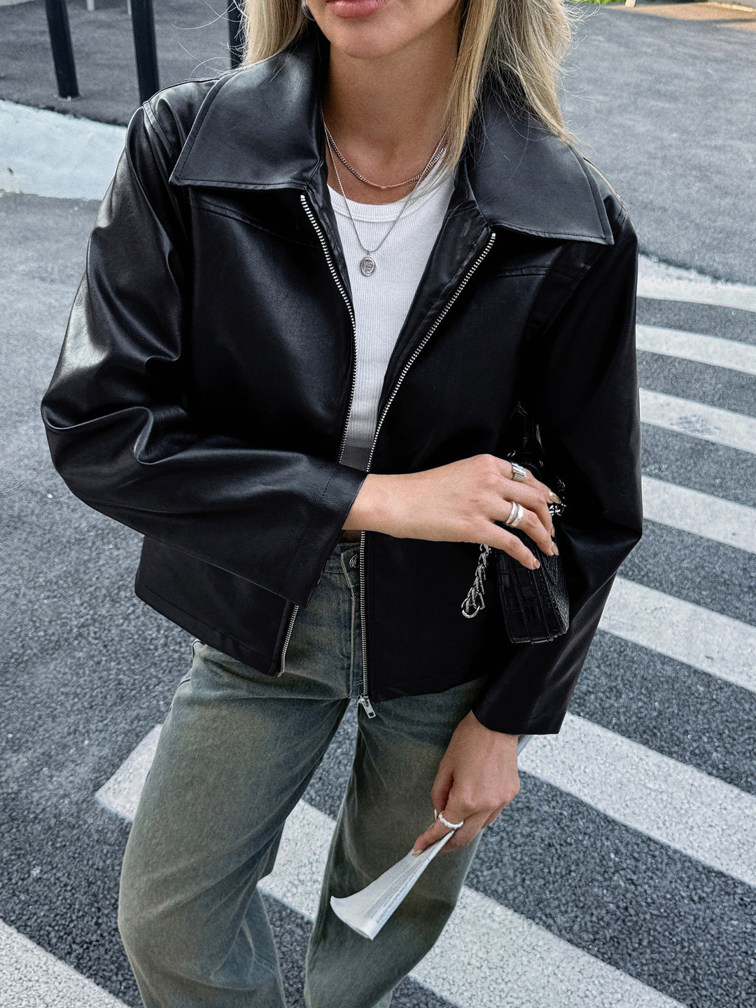 Damen nan elegante Kunstlederjacke mit Reißverschluss, Hemdkragen und Eingrifftaschen EB