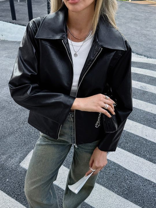 Damen nan elegante Kunstlederjacke mit Reißverschluss, Hemdkragen und Eingrifftaschen EB
