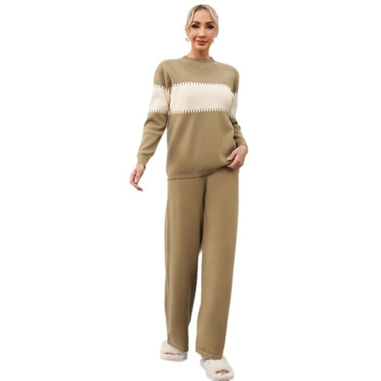 Damen gemütliches Strick-Loungewear-Set mit elegantem Strukturmuster und weitem Bein EB