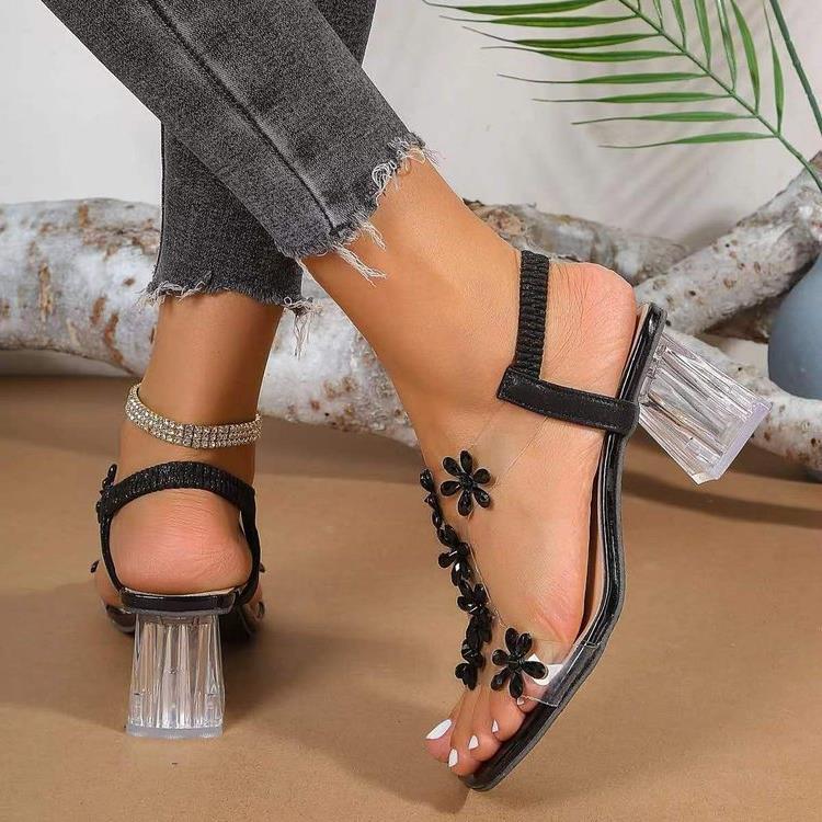 Damen Glamouröse Sandalen mit transparentem Blockabsatz und funkelnden Blumenapplikationen EB