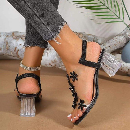 Damen Glamouröse Sandalen mit transparentem Blockabsatz und funkelnden Blumenapplikationen EB