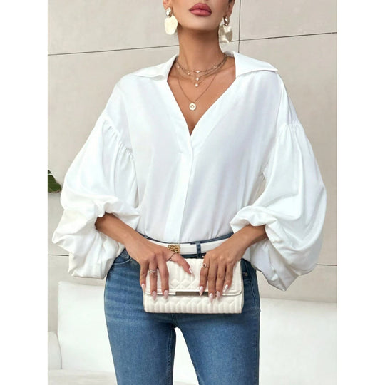 Damen Bluse mit voluminösen Ballonärmeln und elegantem Kragen EB