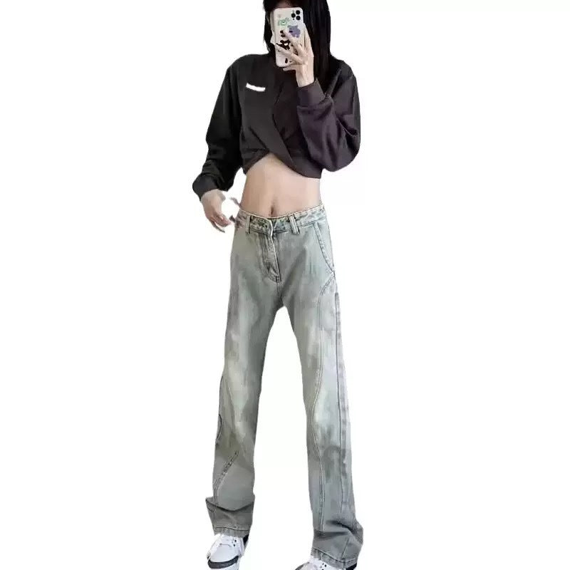 Damen weite High-Waist Denim-Jeans mit distressed Optik und bequemen Seitentaschen EB