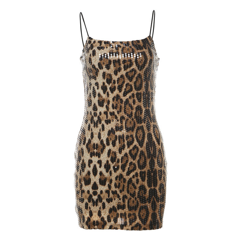 Damen Elegantes Leopardenmuster Kleid mit Glitzersteinen EB