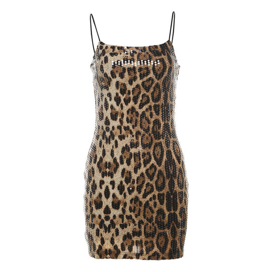 Damen Elegantes Leopardenmuster Kleid mit Glitzersteinen EB