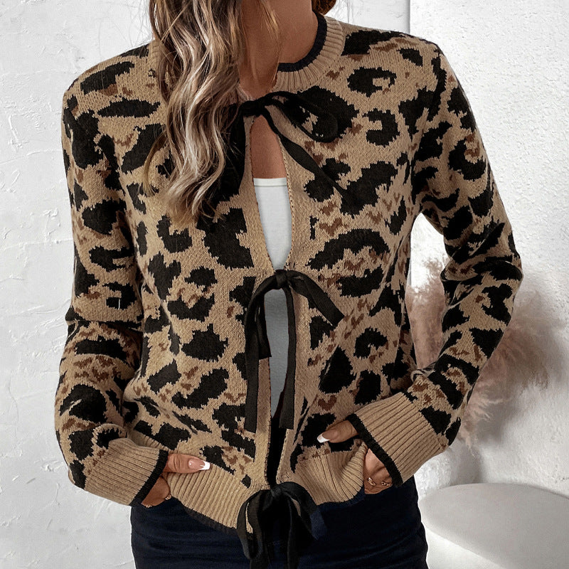 Damen Leo-Muster Strickjacke mit Bändern EB