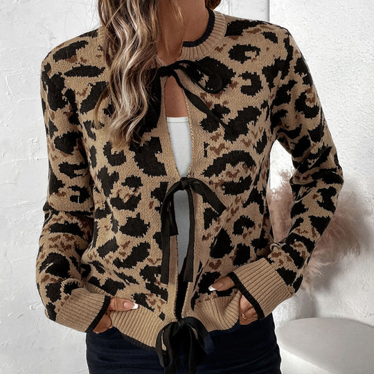Damen Leo-Muster Strickjacke mit Bändern EB
