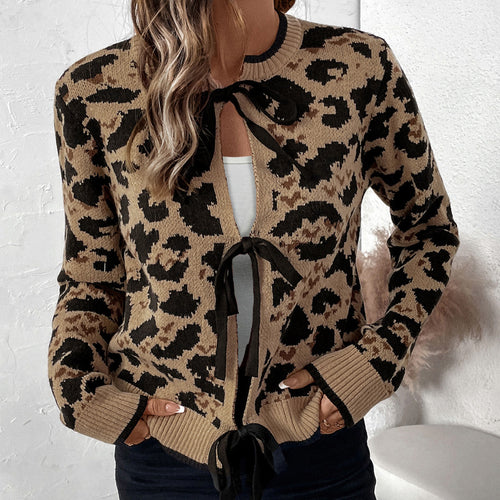 Damen Leo-Muster Strickjacke mit Bändern EB