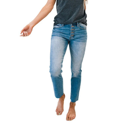 Damen High-Waist Jeanshose mit Knopf-Detail und modischem Fransenabschluss EB