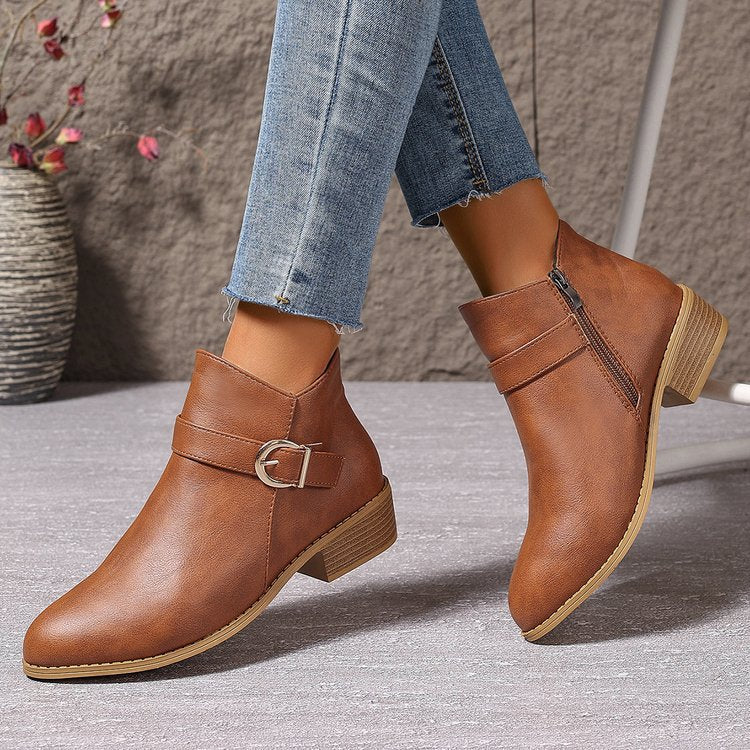 Damen Elegante Ankle Boots mit modischem Reißverschluss und dekorativer Schnalle EB
