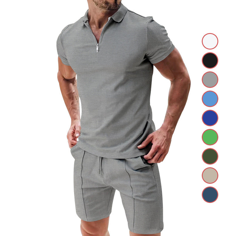 Herren nan sportives Poloshirt- und Chino-Shorts-Set mit halbem Reißverschluss, strukturiertem Jersey und dezenter Bügelfalte EB