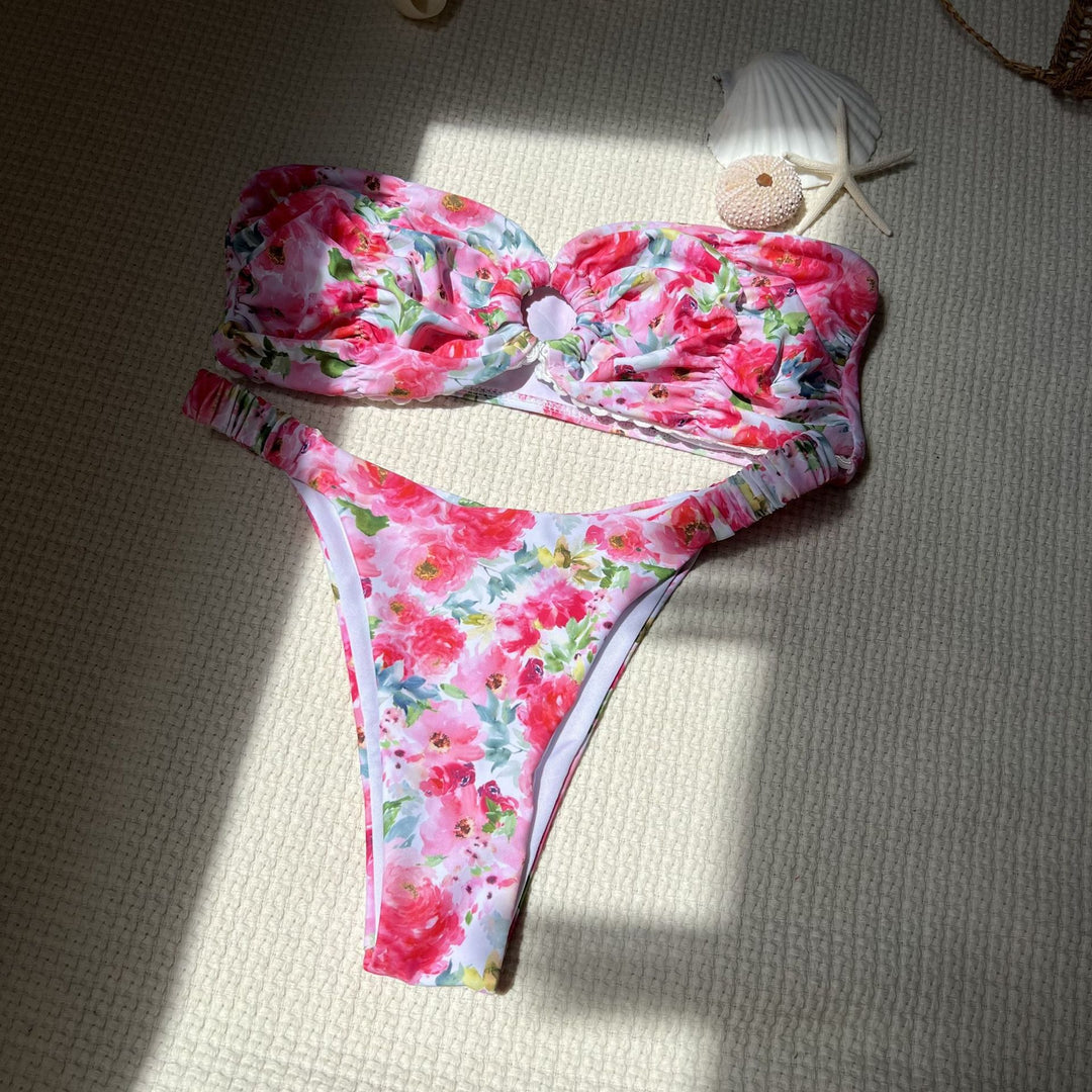 Damen Bandeau-Bikini mit floraler Raffung und elastischen Bändern EB