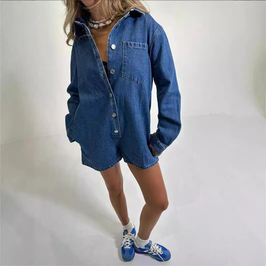 Damen Denim-Overall mit langen Ärmeln und klassischem Button-Up-Verschluss EB
