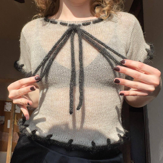 Damen modisches transparentes Strickoberteil mit dekorativen Profilschnüren EB