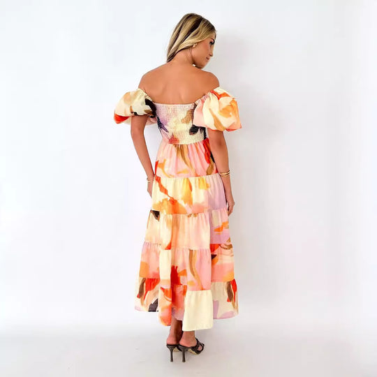 Damen Maxikleid mit Puffärmeln und floralem Smocking EB