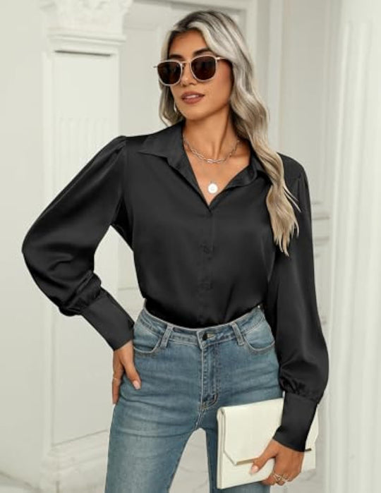 Damen Seidenoptik-Bluse mit Hemdkragen, verdeckter Knopfleiste und langen Manschetten EB