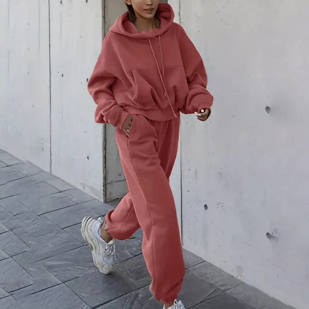 Damen kurzes Oversize-Kapuzenpullover-Set mit elastischer High-Waist-Jogginghose aus Baumwollfleece EB