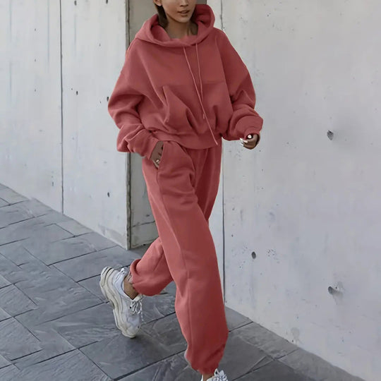 Damen kurzes Oversize-Kapuzenpullover-Set mit elastischer High-Waist-Jogginghose aus Baumwollfleece EB