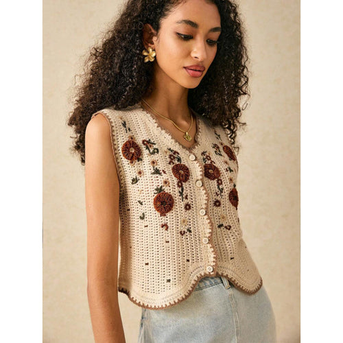 Damen Strickjacke mit floralen Stickereien und Knopfdetails EB