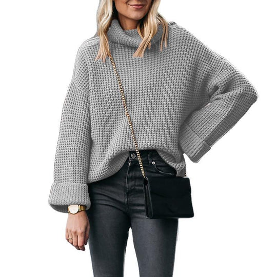 Damen Oversized Strickpullover mit hohem Kragen und strukturiertem Wabenmuster EB