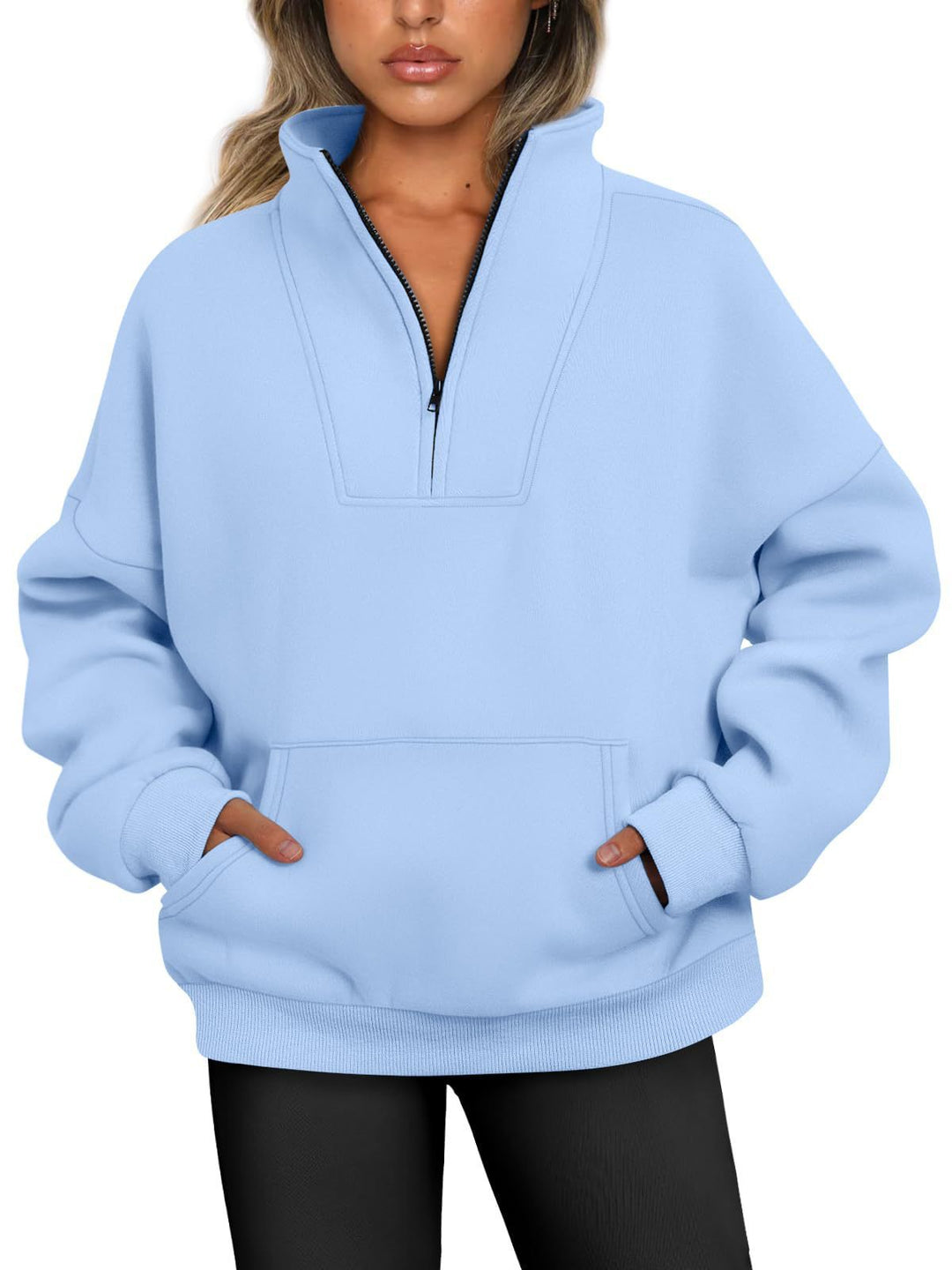 Damen nan oversized Halbzip-Hoodie mit hohem Stehkragen, Kängurutasche und gerippten Bündchen EB