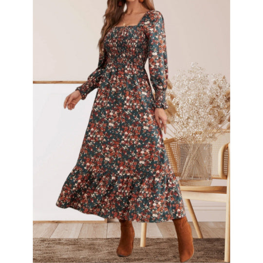 Damen Maxikleid mit Rüschendetails und floralem Design EB