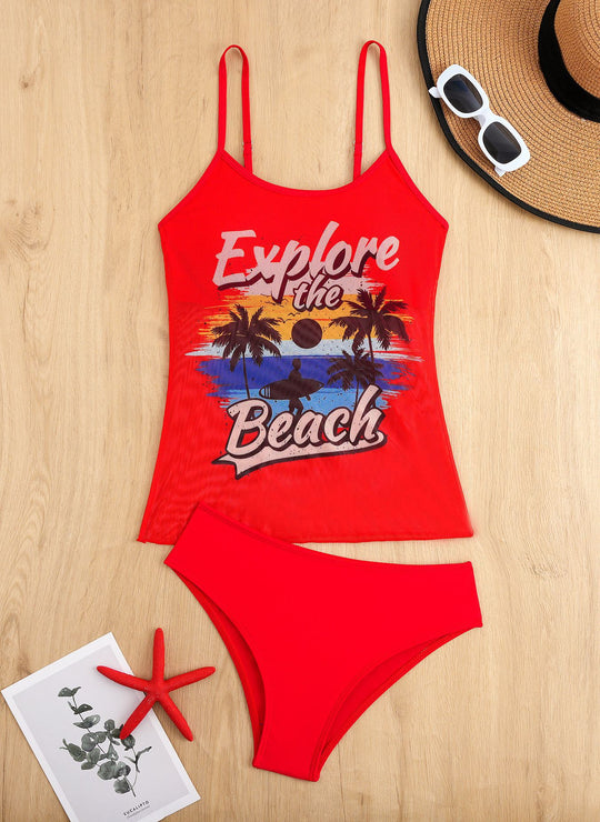Damen Tankini-Set mit sportlichem Grafikdesign und hoch tailliertem Höschen EB