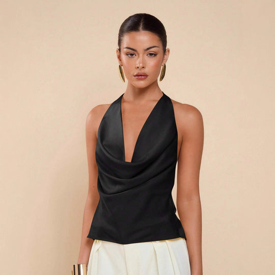 Damen Elegantes Wickeloberteil mit tiefem V-Ausschnitt und fließendem Stoff EB