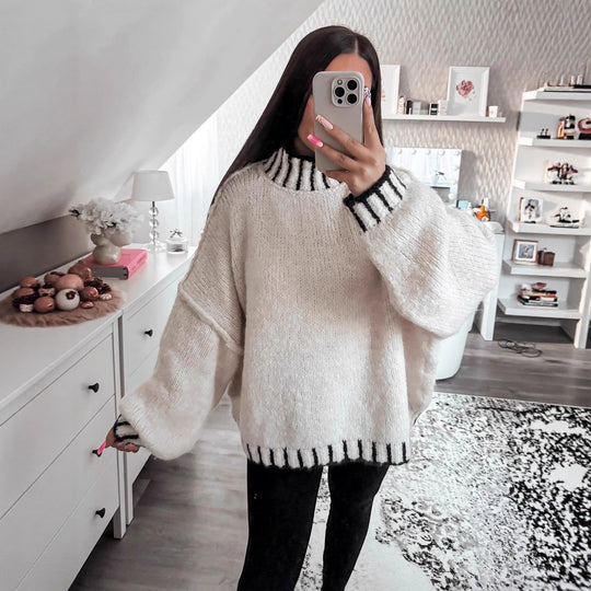 Damen lässiger Grobstrickpullover mit voluminösen Ärmeln und hohem Kragen EB