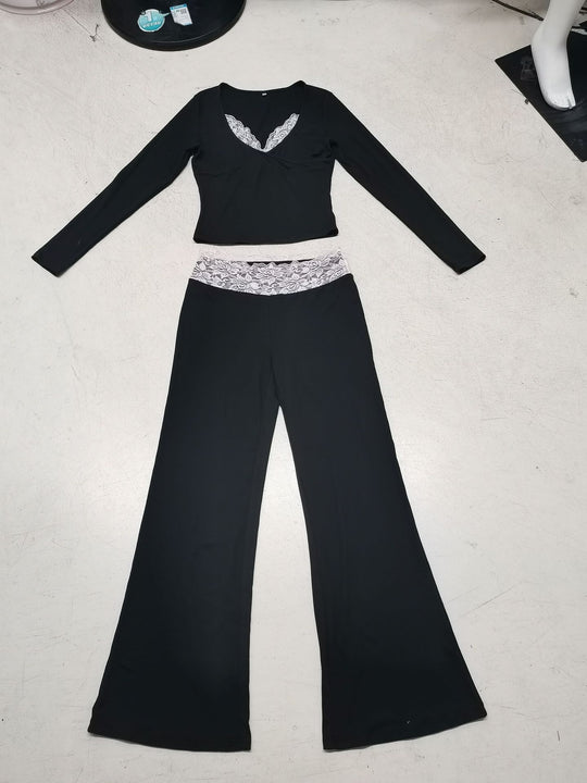 Damen nan Lounge-Set mit Spitzenbund, V-Ausschnitt und ausgestellter Schlaghose EB