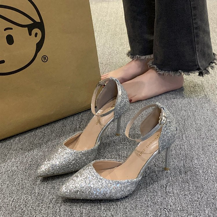 Damen elegante Spitzen High Heels mit transparentem Riemen EB