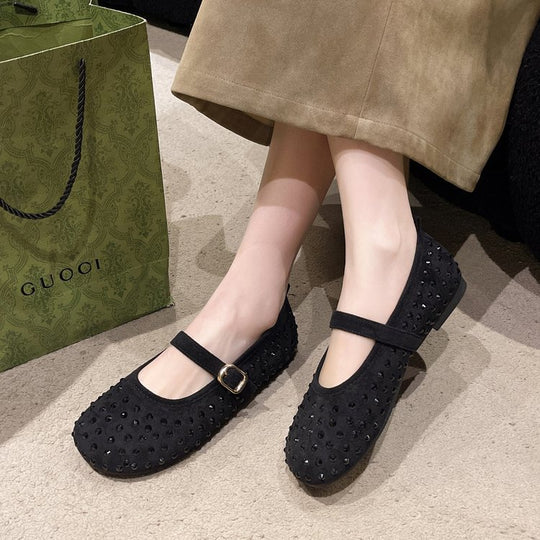 Damen elegante Mary Jane Ballerinas mit dekorativem Riemen und Strassdetails EB