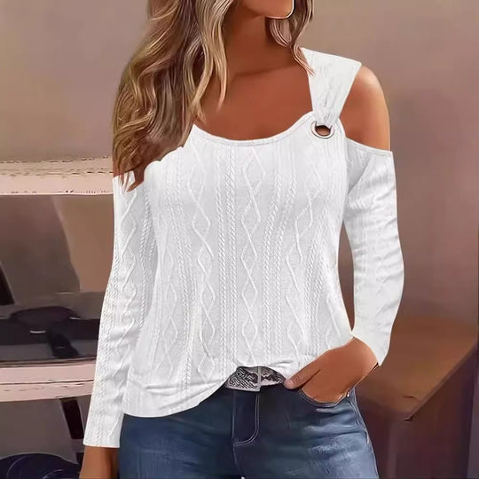 Damen modisches Strickoberteil mit offenem Schulterdesign und dekorativem Ring EB
