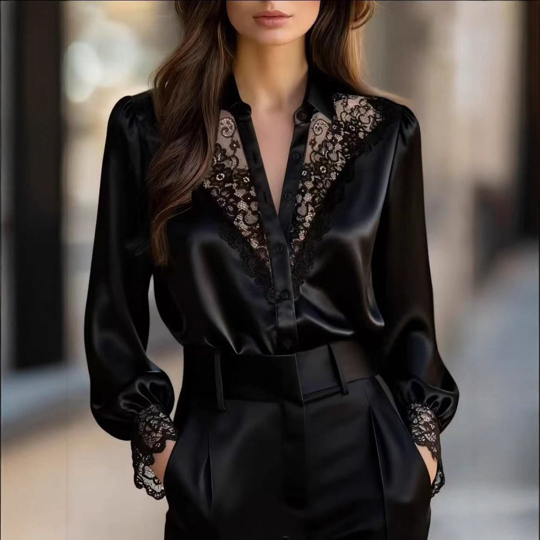 Damen elegante Bluse mit romantischen Spitzenakzenten EB