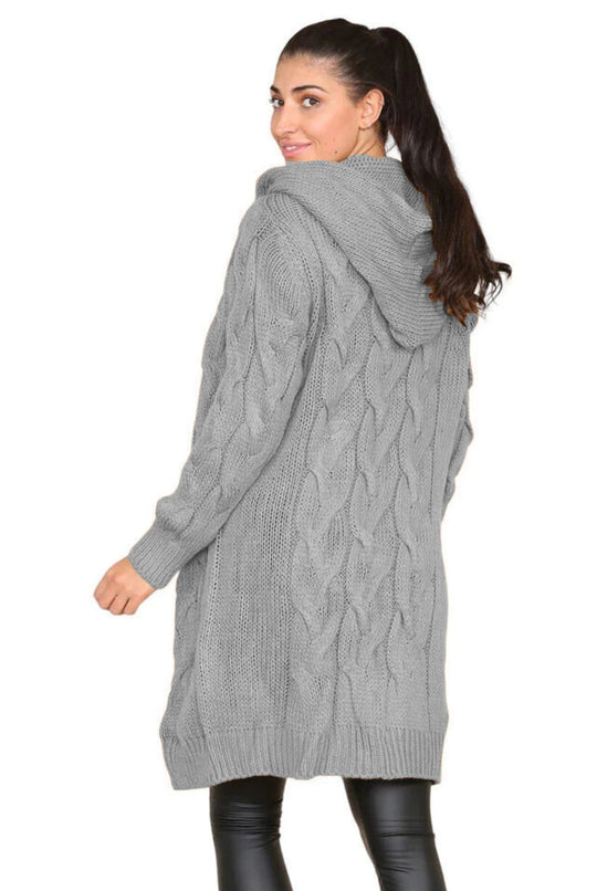 Damen Großer Strickmantel mit Kapuze und Zopfmuster EB