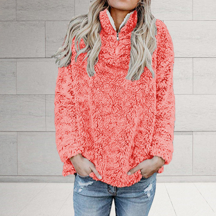 Damen Flauschige Fleece-Pulloverjacke mit hohem Kragen und Reißverschluss EB
