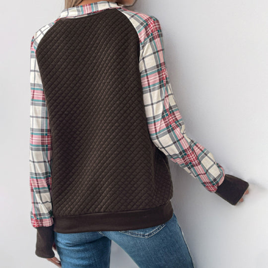 Damen lässiger Fleece-Pullover mit Karomuster und praktischen Kängurutaschen EB