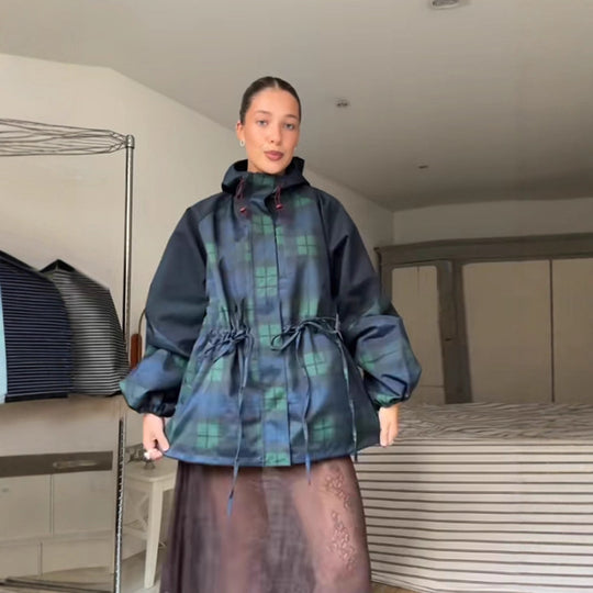 Damen Oversized Jacke im lässigen Karo-Design mit praktischen Taschen und Taillenzug EB