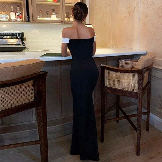 Damen Elegantes Maxikleid mit schulterfreiem Design und seitlichem Schlitz EB