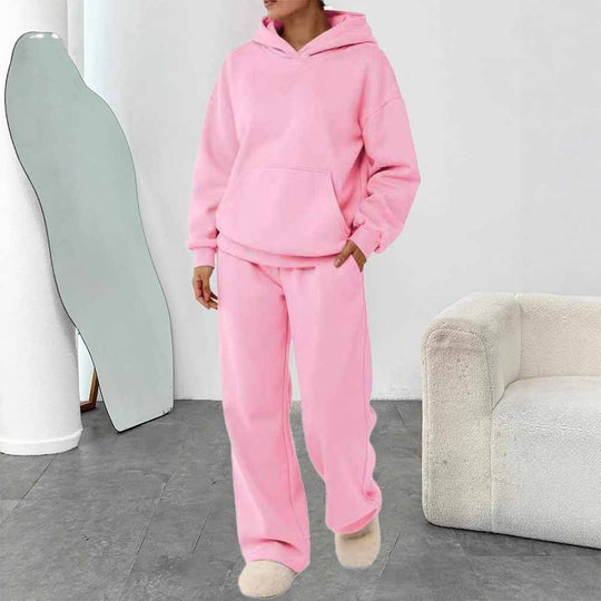 Damen nan zweiteiliges Freizeit-Lounge-Set mit Kapuzenpullover, Kängurutasche und gerader Loungehose aus weichem Baumwollmix EB