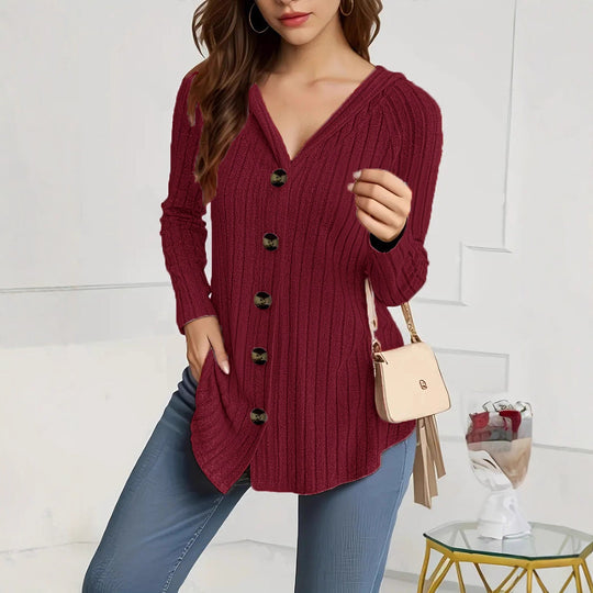 Damen nan kaschierender gerippter Strickcardigan mit V-Ausschnitt und dekorativen Knöpfen EB